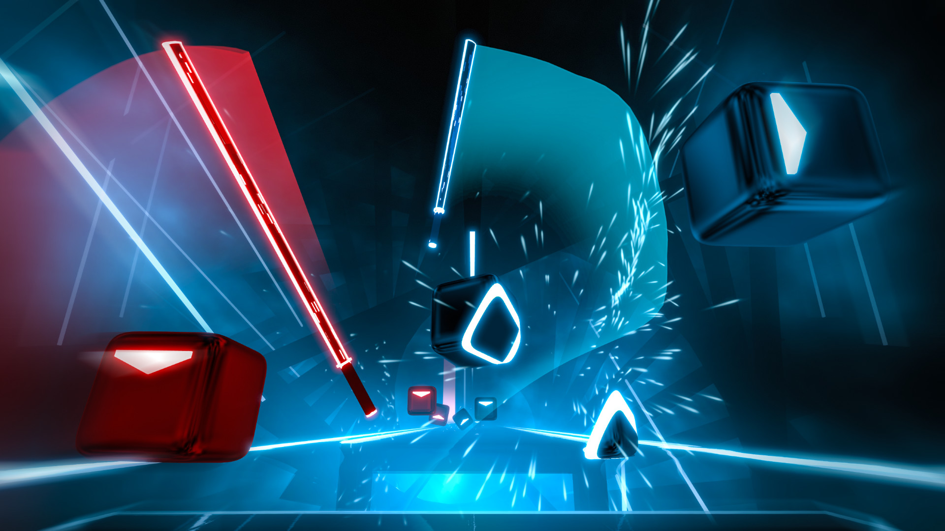 In game screenshot of a track in Beat Saber