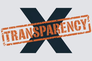 X releases first transparency report since Elon Musk's 2022 takeover. X logo with the word 'transparency' stamped across it