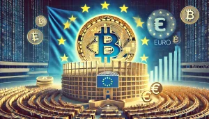 A conceptual illustration depicting the European Union considering Bitcoin as a strategic reserve. The image features the iconic Bitcoin symbol, stylized as gold digital coins, with a large European Union flag in the background. To represent decentralization and rejection of central control, the image shows a modern, futuristic European Parliament surrounded by symbols of technology, freedom, and innovation. Subtle anti-digital euro imagery, like a shadowy hand holding a digital coin marked 'EURO,' should appear less prominent but present, symbolizing regulatory overreach. No people should appear in the image.
