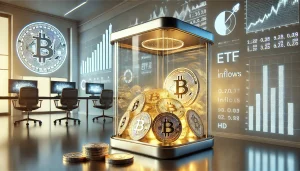 A sleek, modern financial scene: a transparent digital vault filled with luminous Bitcoin coins, set within a minimalist office environment. Subtle references to ETF charts and metrics glow softly in the background, illustrating the notion of significant inflows and expanding market participation.