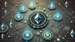 An abstract, futuristic composition featuring a stylized Ethereum logo at the center, surrounded by interconnected, glowing blockchain nodes. Subtle, symbolic icons hint at Lido’s water droplet and Optimism’s layered design, all arranged in a fluid network of lines and shapes that evoke trust, scalability, and decentralized governance. No human figures.